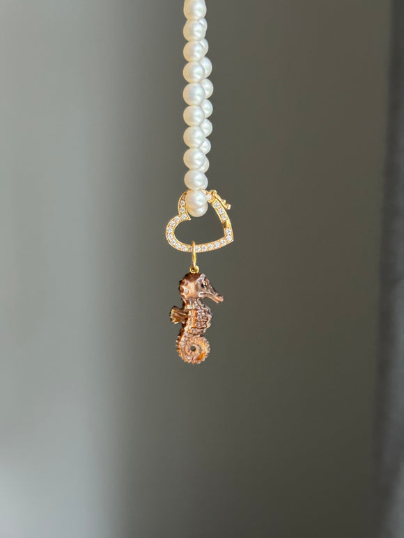 14k bail baby seahorse in brown mother of pearl shell carving