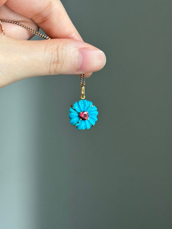 14k yellow gold turquoise flower and garnet charm pendant