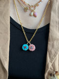 14k yellow gold turquoise flower and garnet charm pendant