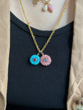 14k yellow gold turquoise flower and garnet charm pendant