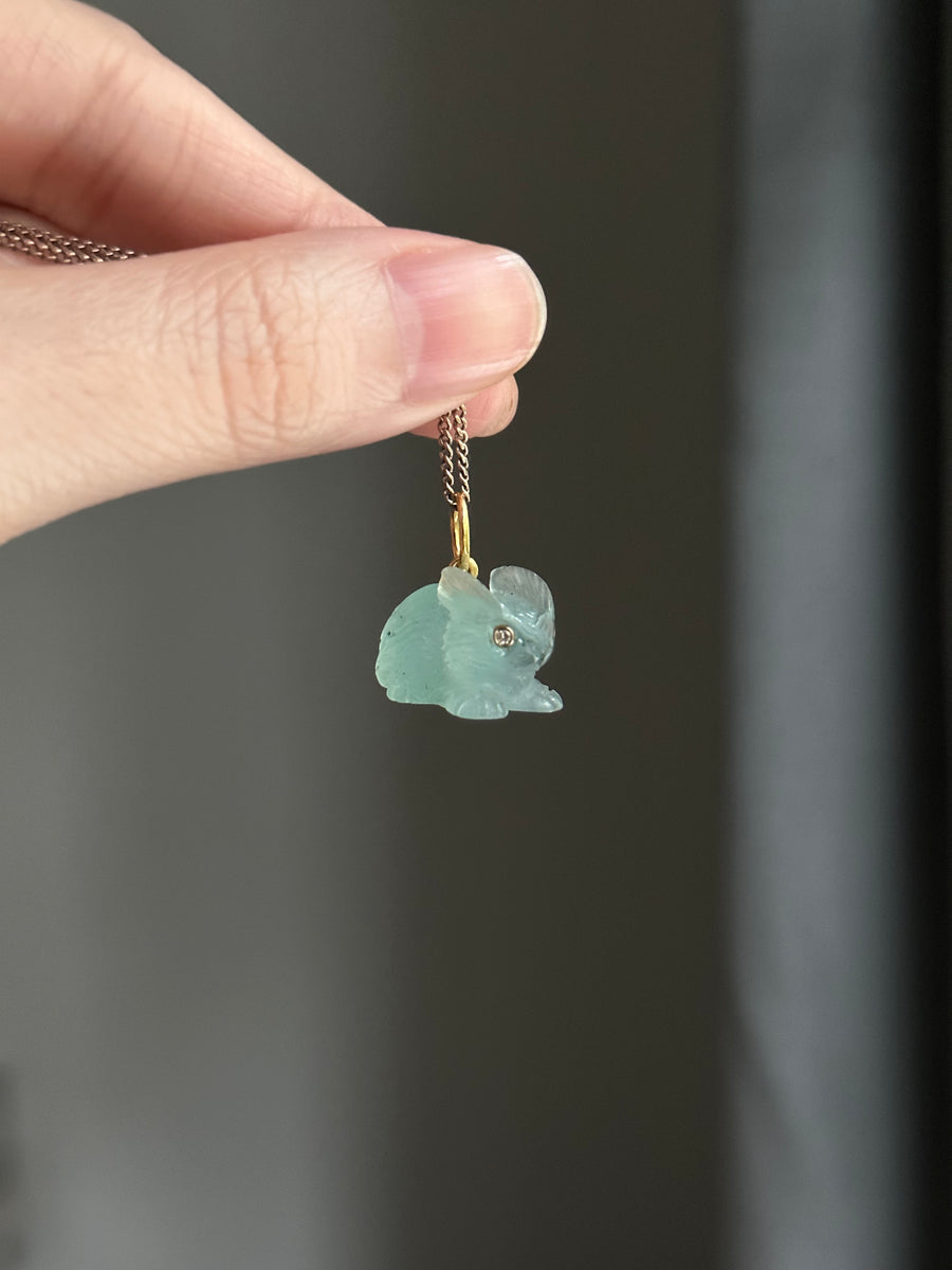 14k carved rabbit bluish green agate with diamond eyes – Confetti By Jas