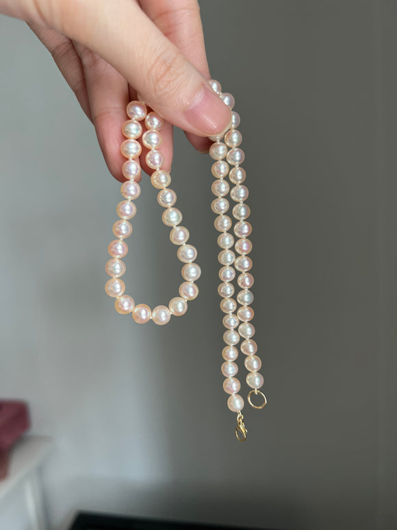 Old stock genuine fresh water soft champagne peach pink pearls 14k